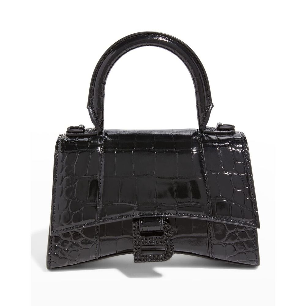 BALENCIAGA Hourglass Extra Small Top Handle Handbag Crocodile Embossed XS Black - Picture 2 of 15